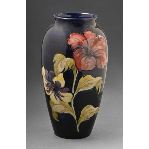 399 - A Moorcroft Hibiscus vase, c1970, 31cm h, impressed marks, painted initials