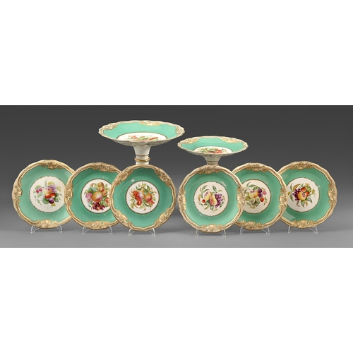 421 - A Staffordshire chrome green ground bone china dessert service, c1870, painted with fruit, comport 2... 