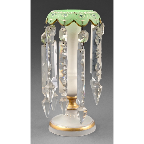 424 - An enamelled apple green and frosted glass lustre, 19th c, with prismatic cut glass beads and pendan... 