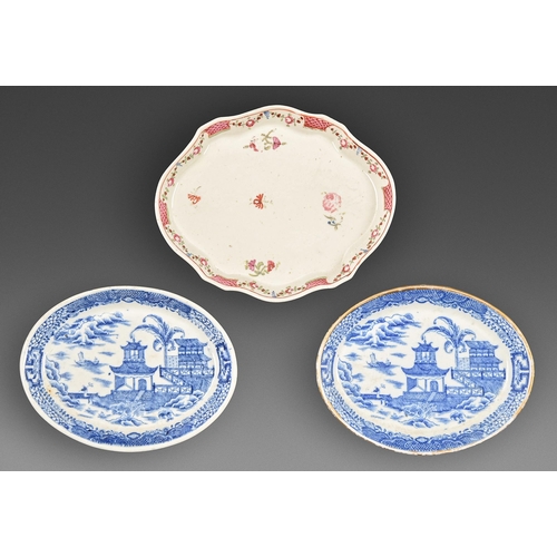 427 - Two Coalport blue and white teapot stands, c.1800, in Banana Tree pattern and a painted teapot stand... 