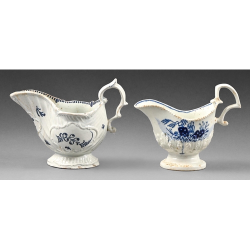 429 - Two Liverpool blue and white moulded sauceboats attributed to James Pennington, c.1770, 11.5cm h (2)... 