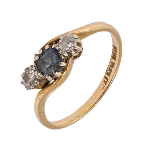 43 - A sapphire and diamond ring, the cushion shaped sapphire between old cut diamonds, hoop marked FINE ... 