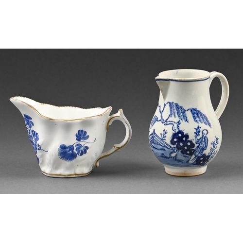 431 - A Liverpool blue and white sparrow beak cream jug by John Pennington, c.1780 and a Chelsea ewer pain... 