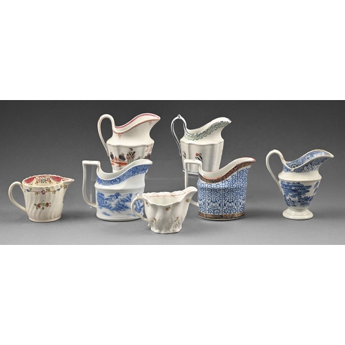 433 - Six English porcelain cream jugs and a low Chelsea ewer, c.1770-1810, to include a Worcester Royal L... 