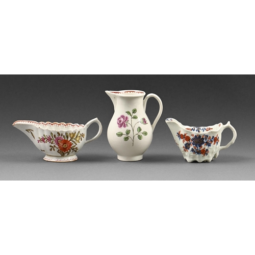 435 - A Worcester sparrow beak milk jug, c.1770, a Liverpool Low Chelsea ewer cream boat, c.1770 and a Bow... 