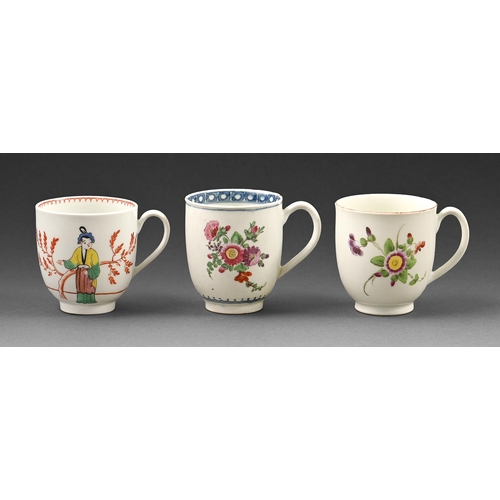 436 - Three Worcester coffee cups, c.1770, painted with flowers and Chinese figures, 6.8cm h and smaller, ... 