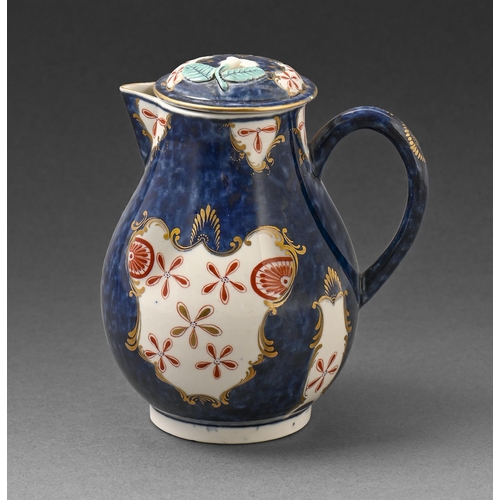 437 - A Worcester hot milk jug and cover, c.1770, painted in a Japan style, 12cm h, fretted square in unde... 