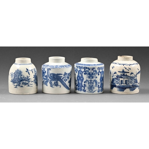 443 - A blue and white pearlware tea cannister printed in the fence pattern and three others, one painted,... 