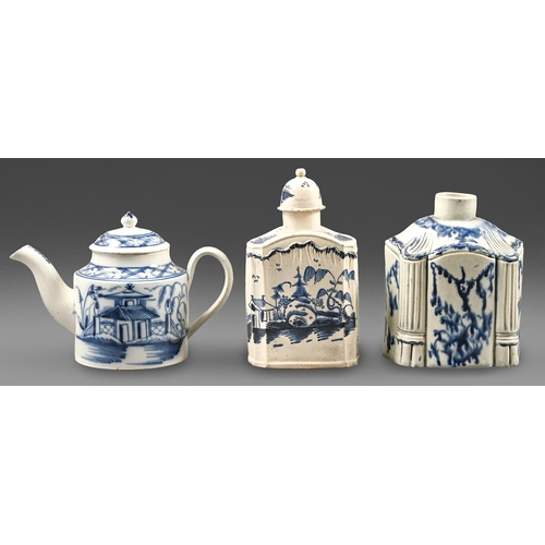 444 - A blue painted pearlware tea canister and cover, c.1770, another moulded with columns, c.1780 and a ... 