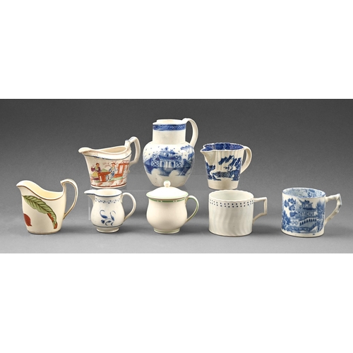 445 - Miscellaneous teaware, 18th and 19th c, to include a Wedgwood Queen's Ware green banded custard cup ... 