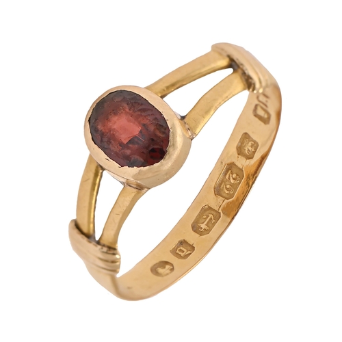 45 - A 22ct gold wedding ring, adapted and set with a garnet, Birmingham 1878, 2g, size J... 