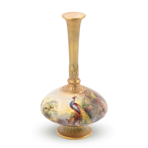 450 - A Royal Worcester vase, 1912, printed and painted with a peacock on a branch and gilt by F. J. Bray,... 