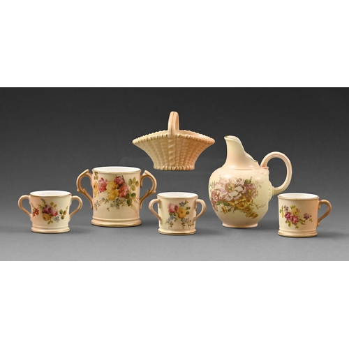 451 - Five Royal Worcester miniature mugs and a basket, early 20th c and a later jug, 9.5cm h and smaller,... 