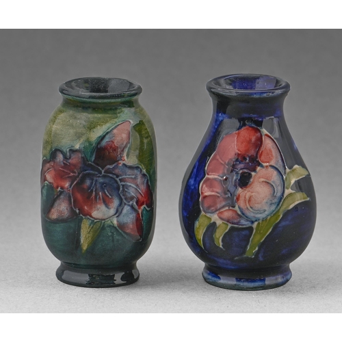 454 - Two Moorcroft miniature Orchid and Anemone vases, c1970, 53mm and 55mm h, impressed mark... 