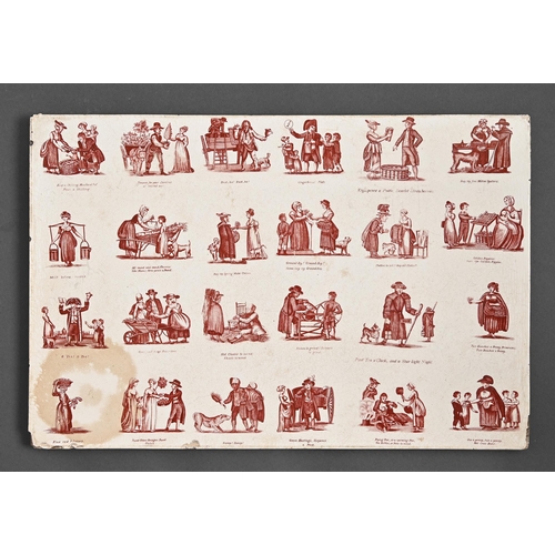 457 - A Minton tile, c.1895, transfer printed in red with twenty-four scenes of London tradesmen, 45.5 x 3... 