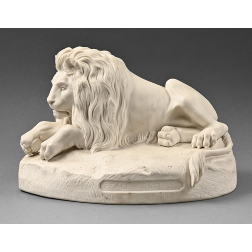 458 - A Parian ware model of a lion, mid-19th c, impressed Peace Congress, 31cm l