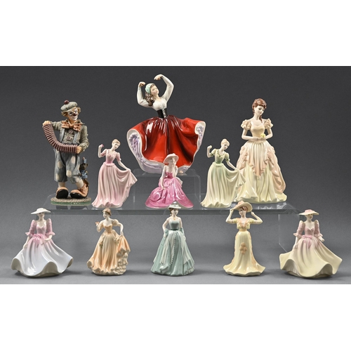 469 - One Royal Doulton and nine Coalport figures of ladies and a figure of a clown, 20cm h and smaller, p... 