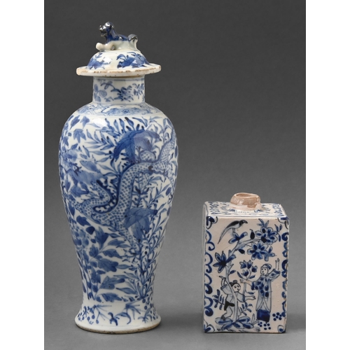 471 - A Chinese blue and white Kangxi dragon vase and cover and a Delft tea cannister, late 18th c, the te... 