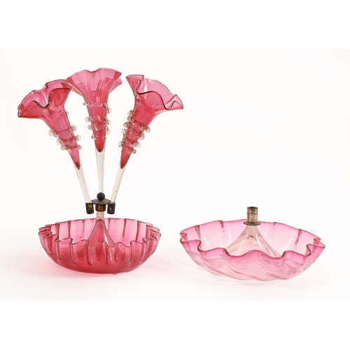 474 - A Victorian cranberry glass flower stand, of three detachable vases with trailed decoration, 34cm h ... 