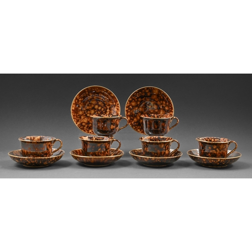 482 - A set of six Middlesbrough Pottery tortoiseshell glazed tea cups and saucers, mid-19th c, saucer 14.... 