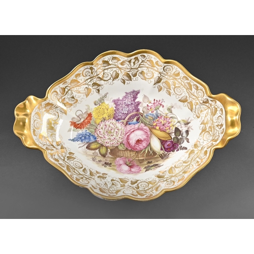 489 - A Coalport dessert comport, c.1825, painted with a basket of flowers, 35cm over handles... 