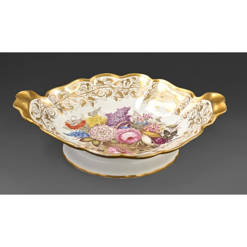 489 - A Coalport dessert comport, c.1825, painted with a basket of flowers, 35cm over handles... 