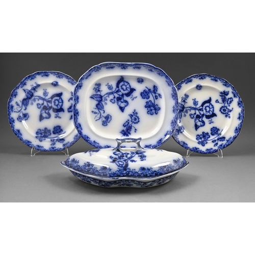 490 - Two Middleborough Pottery blue and white Convolvulus pattern plates, a dish and a tureen and cover, ... 