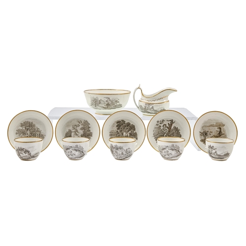 494 - A Spode bat printed tea service, c.1810, slop bowl, 15.5cm diam, pattern No 1922