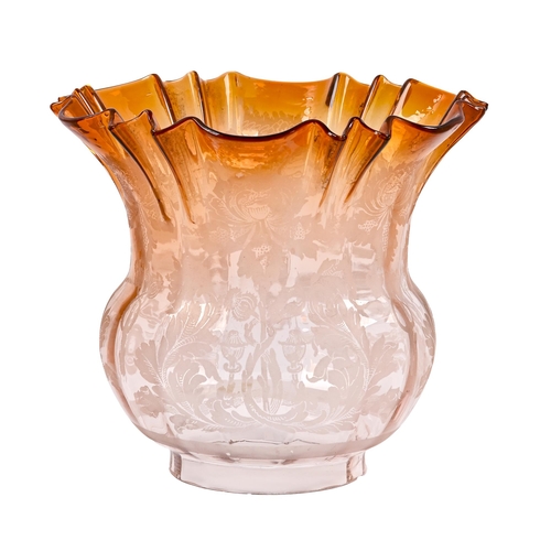 504 - An amber glass oil lampshade, c.1900, etched with art nouveau poppies, 14cm