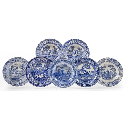 511 - Seven blue printed soup and dinner plates, early 19th c and later, to include a Spode Indian Series ... 