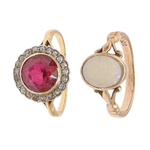 59 - A diamond and synthetic ruby ring in gold and an opal ring in gold, marked 9ct, 8.5g, size R, T... 