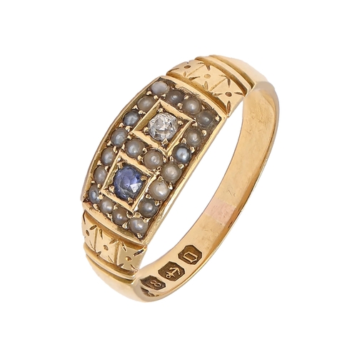 60 - A Victorian sapphire, diamond and split pearl ring, in 18ct gold, Birmingham 1888, 3.3g, size M... 