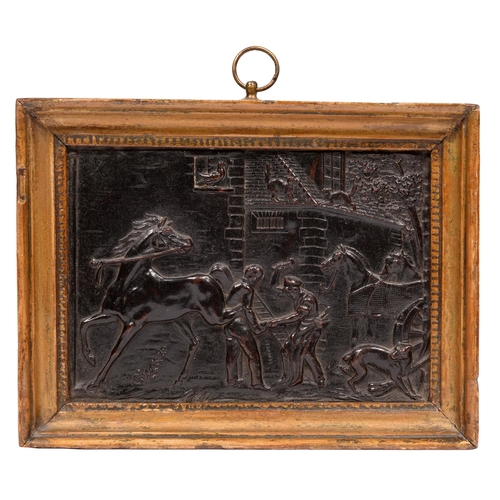 606 - A bronze-patinated electrotype plaque, late 19th c, framed, 15.5 x 10.7cm, impressed ROURDON... 