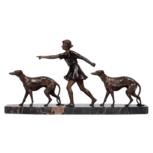 616 - An Art Deco bronzed spelter group, c. 1930, of a young lady and two dogs, canted rectangular marble ... 