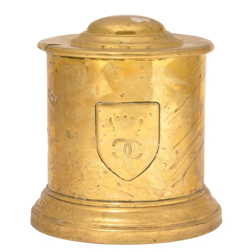 618 - A brass drum-shaped jar and cover, c1900, 18cm h