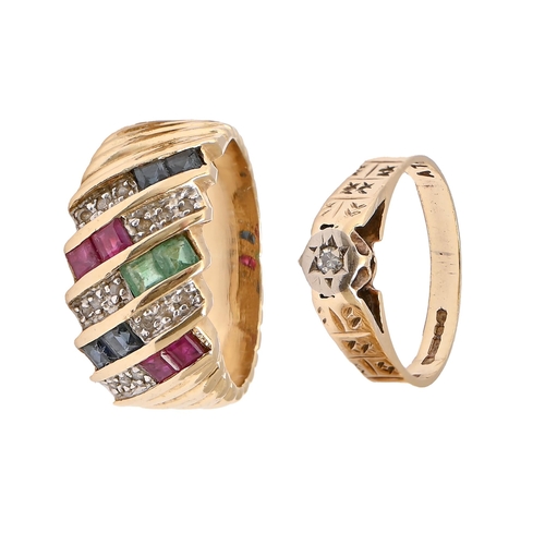 62 - A diamond and calibre cut emerald and ruby cocktail ring, in gold, marked 14K 585 and another gold r... 