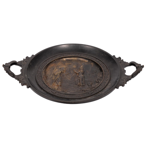 629 - A French bronze tazza, c. 1890, inset roundel of Elijah and Rebekah, twin handles, 46cm w, on later ... 