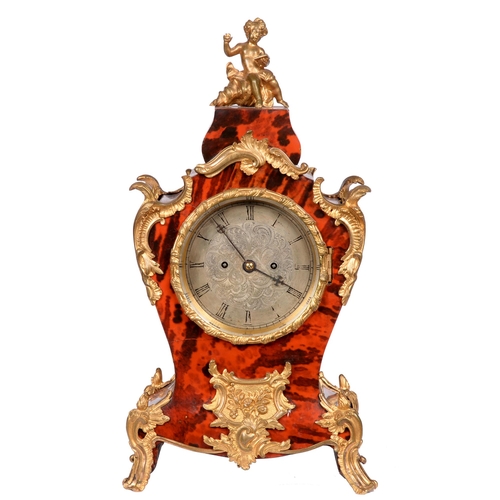 630 - A French red-stained horn and giltmetal mounted bracket clock, late 19th c, with engraved and silver... 