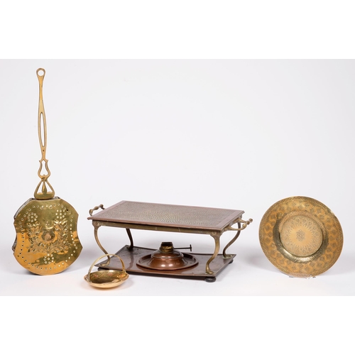 646 - A pierced brass chestnut roaster, 19th c, the hinged lid decorated with a coat of arms, 57cm l, an E... 