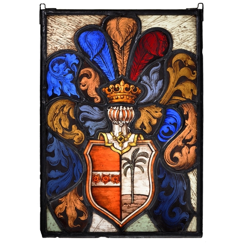 652 - A European armorial rectangular stained glass panel, probably German, 19th c, painted with a coat of... 