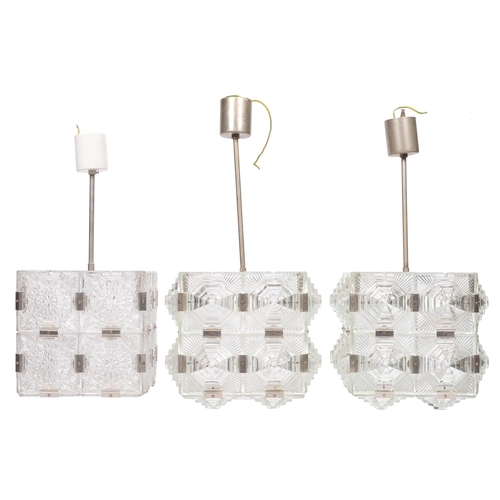 662 - Interior Design. A pair of moulded glass hanging square lights, c. 1970, 57cm h; another similar, si... 