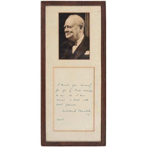 682 - Winston Churchill. A printed thank you note on House of Commons writing paper, facsimile signature, ... 