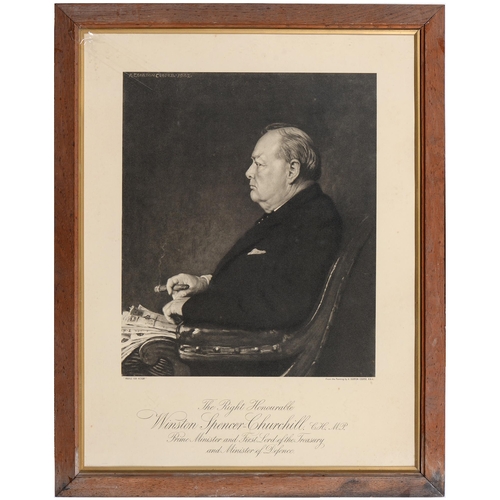 685 - Winston Churchill. A photographic portrait print of Churchill at his desk, 40 x 50cm, and further Ch... 