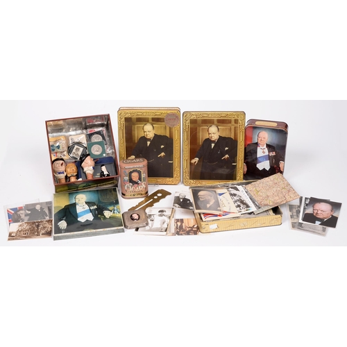 687 - Winston Churchill. Miscellaneous bygones, 20th c, including commemorative coins, EPNS cigarette case... 