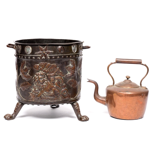 694 - A Dutch copper coal bin, 19th c, applied with lions and leaves, and a copper kettle, coal bin 36cm h... 