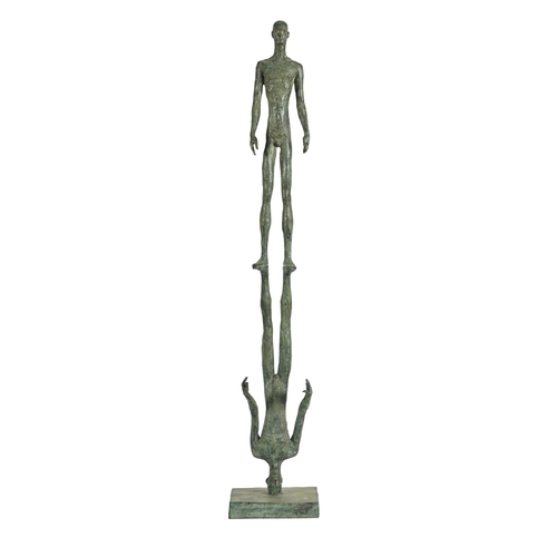 697 - Modern School, 20th c - Inverted Human Form, bronze sculpture, green patina, on square base, 118cm h... 