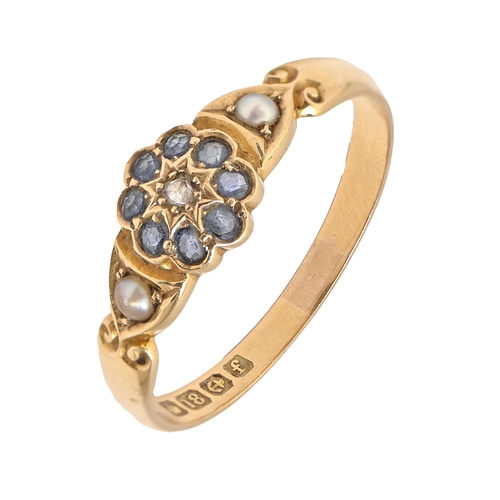 7 - An Edwardian sapphire, diamond and split pearl ring, in 18ct gold, Birmingham 1905, 2.5g, size R... 