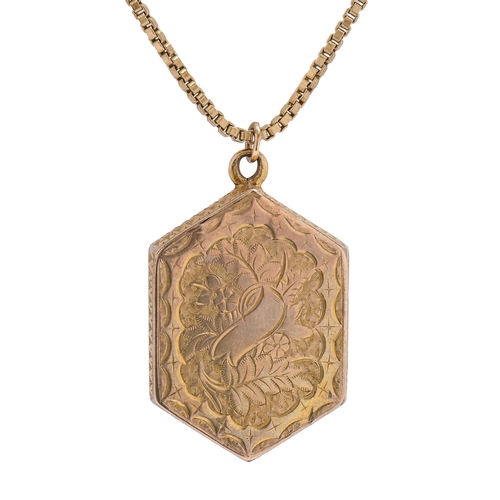 70 - An hexagonal gold locket, early 20th c, 33mm, marked 9ct and a 9ct gold necklet, 16.4g (2)... 