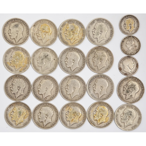 704 - Miscellaneous British silver coins, pre-1920, comprising 18 George V Halfcrowns and others... 