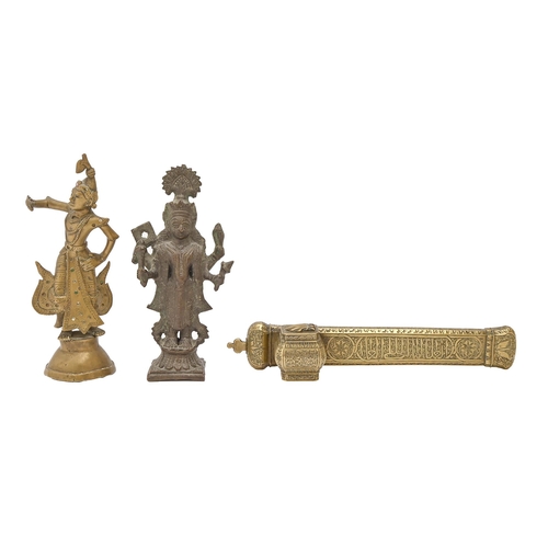 708 - An Indian bronze sculpture of Vishnu, another Indian devotional brass sculpture and a Persian engrav... 